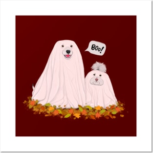 Illustrated spooky cute dogs dressed as ghosts for Halloween Posters and Art